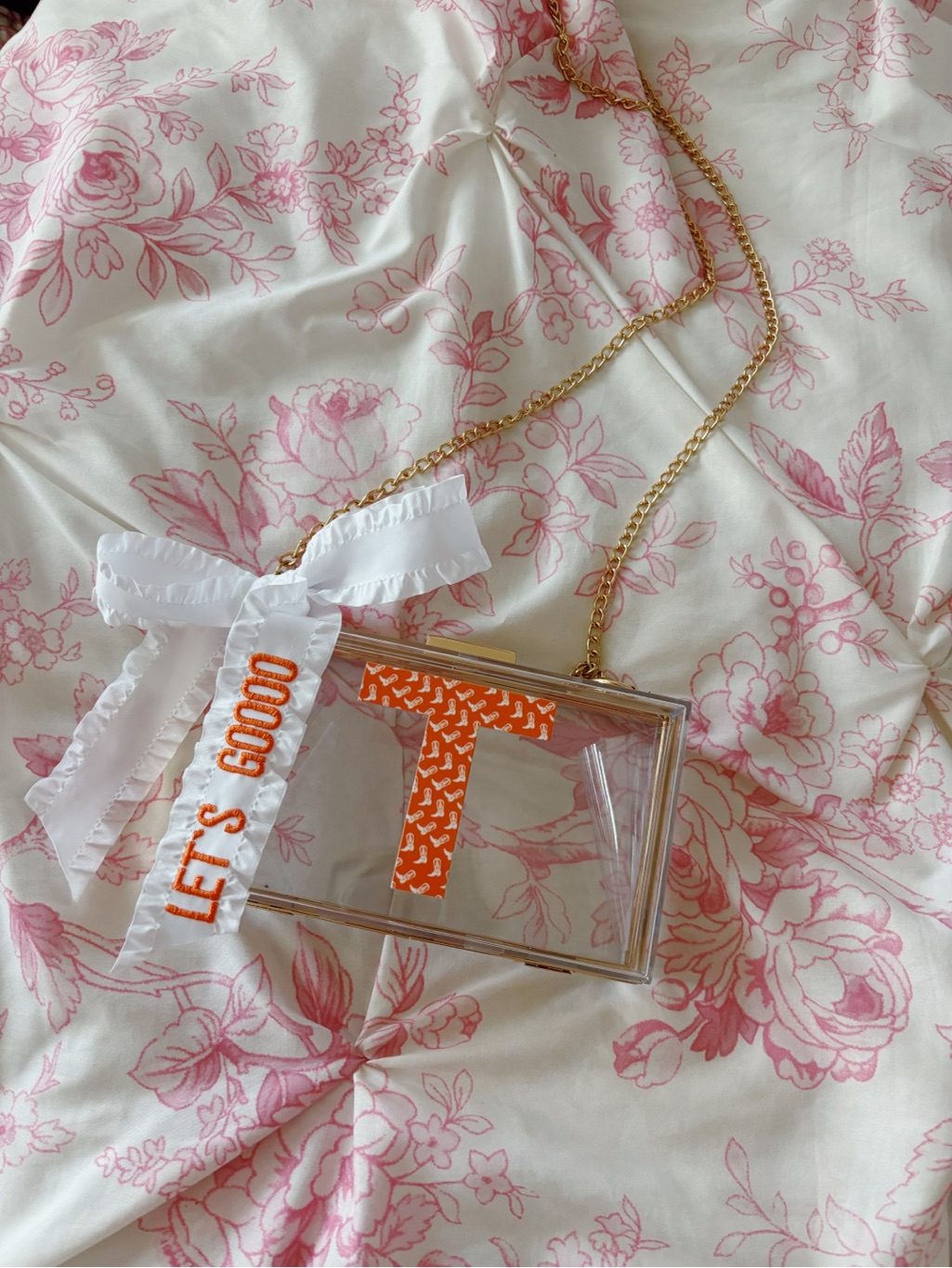 Nwot Indigo Clear Acrylic Gameday Crossbody With Orange Letter And White Ribbon
